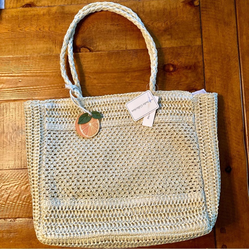 NEW Studio Collection Rattan Straw Tote Bag Purse Orange Charm Natural 18" x 14" - Picture 5 of 11